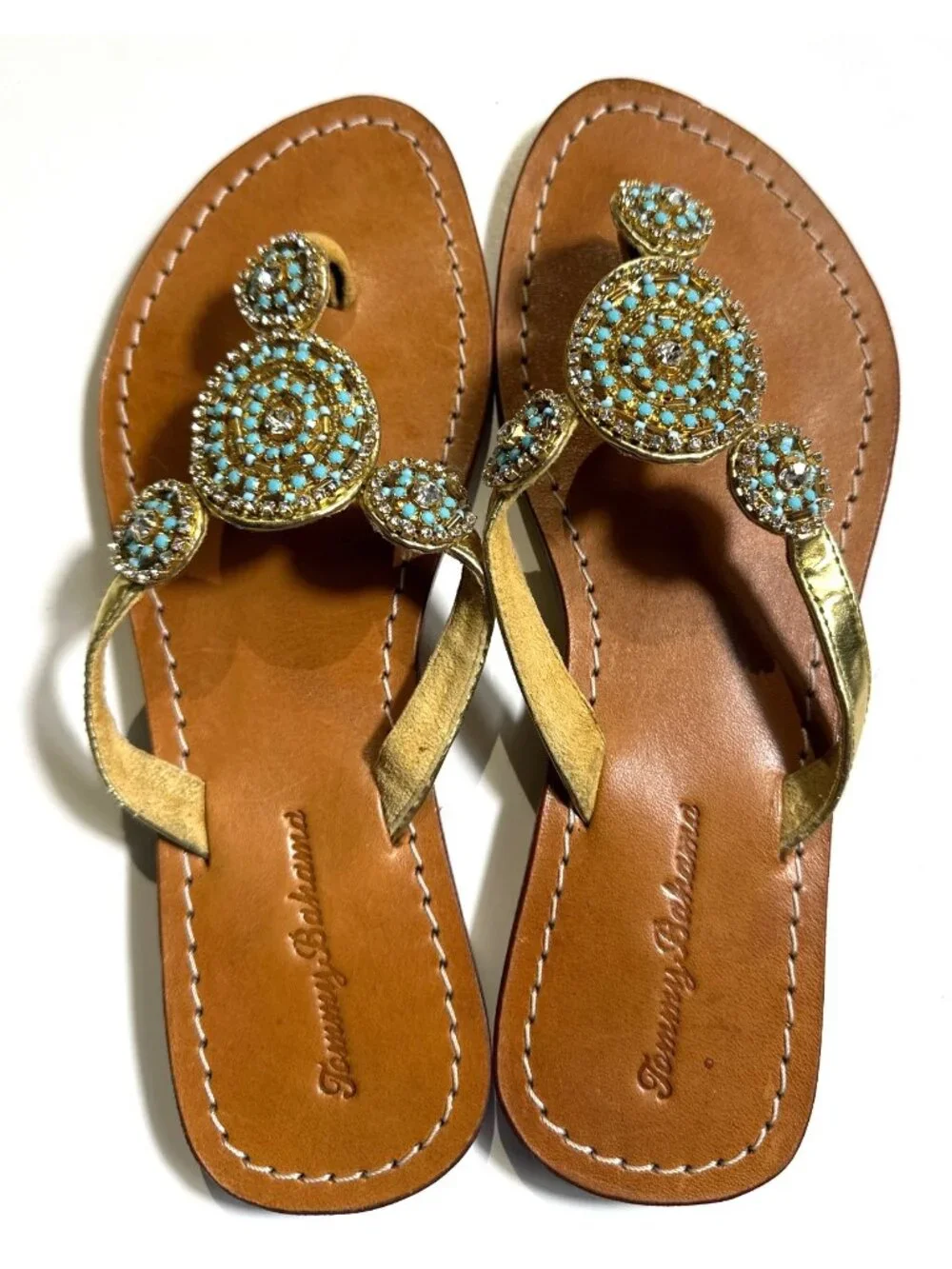 Tommy Bahama Womens Size 7 Gold Leather Sandals With Turquoise Rhinestone Accent
